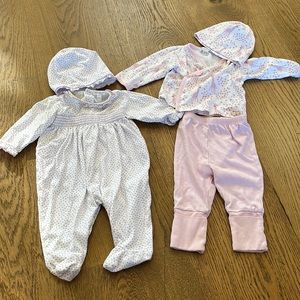 Kissy Kissy girls 6-9 month lot hats, footie pajama, crossover top and pants